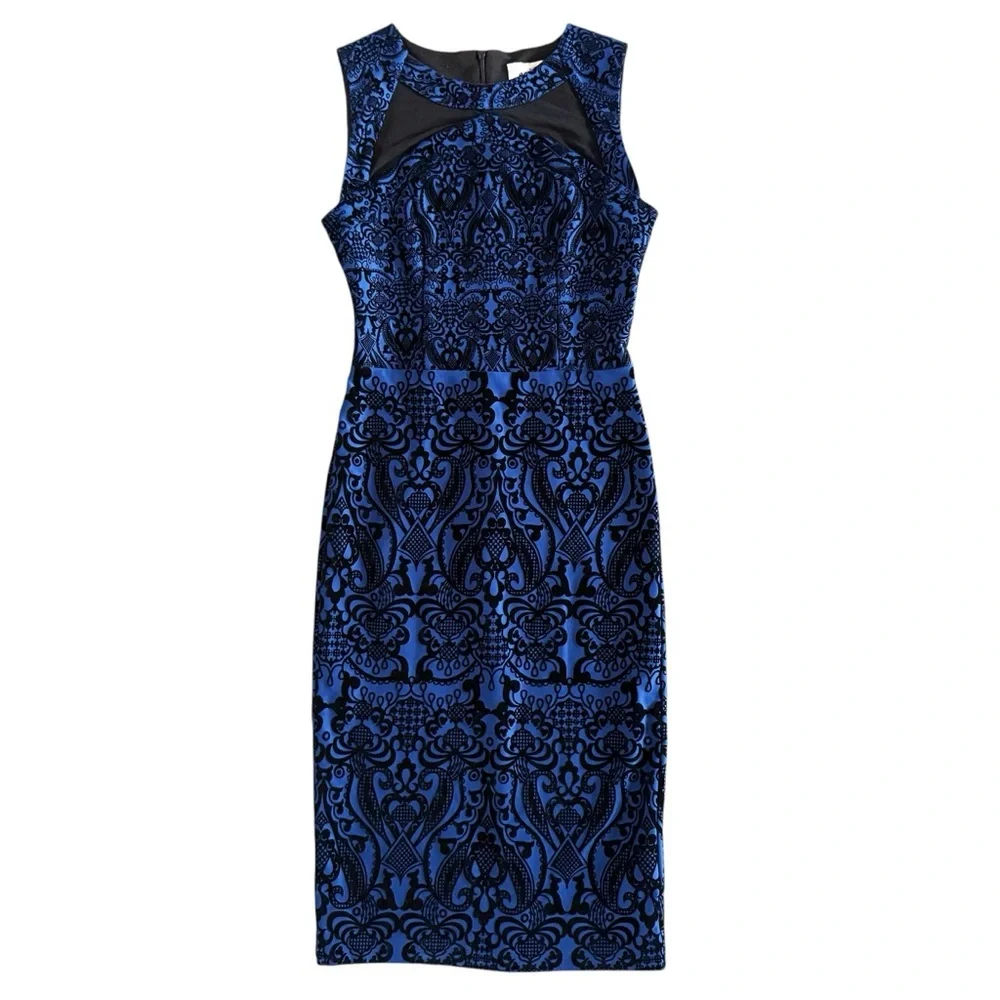 eci‎ Y2K velvet burnout blue black Sleeveless midi Dress elegant sheath goth